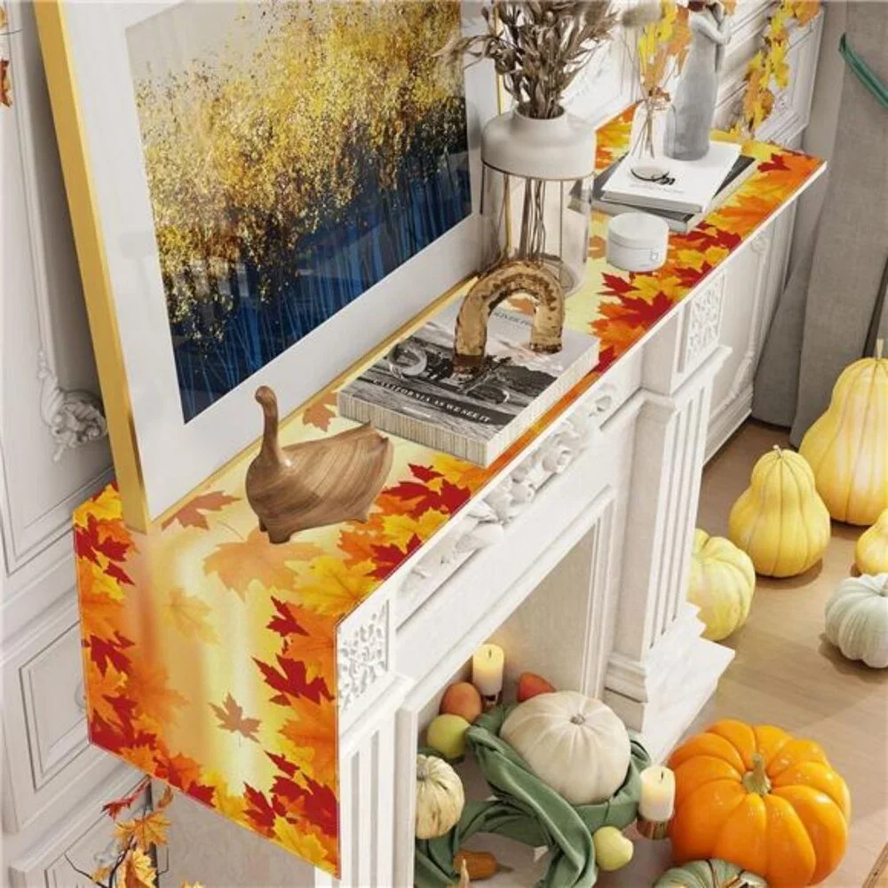 New 72'' Linen Table Runner - Orange Watercolor Maple Leaf Fall Farmhouse Decor‎